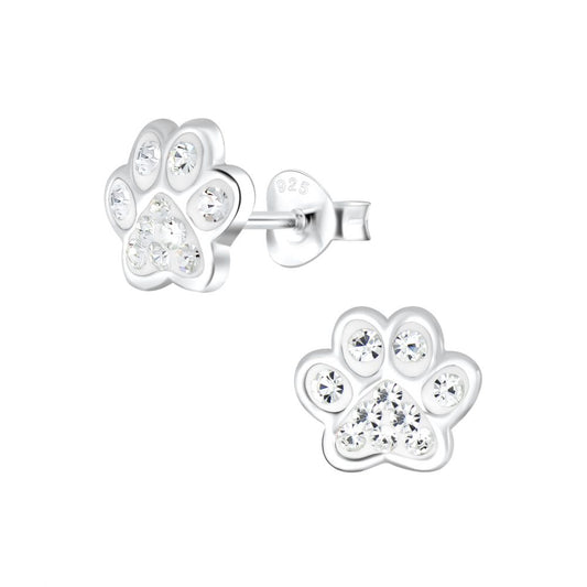 Paw Print Stud Earrings - Crystal - 8mm - 925 Sterling Silver