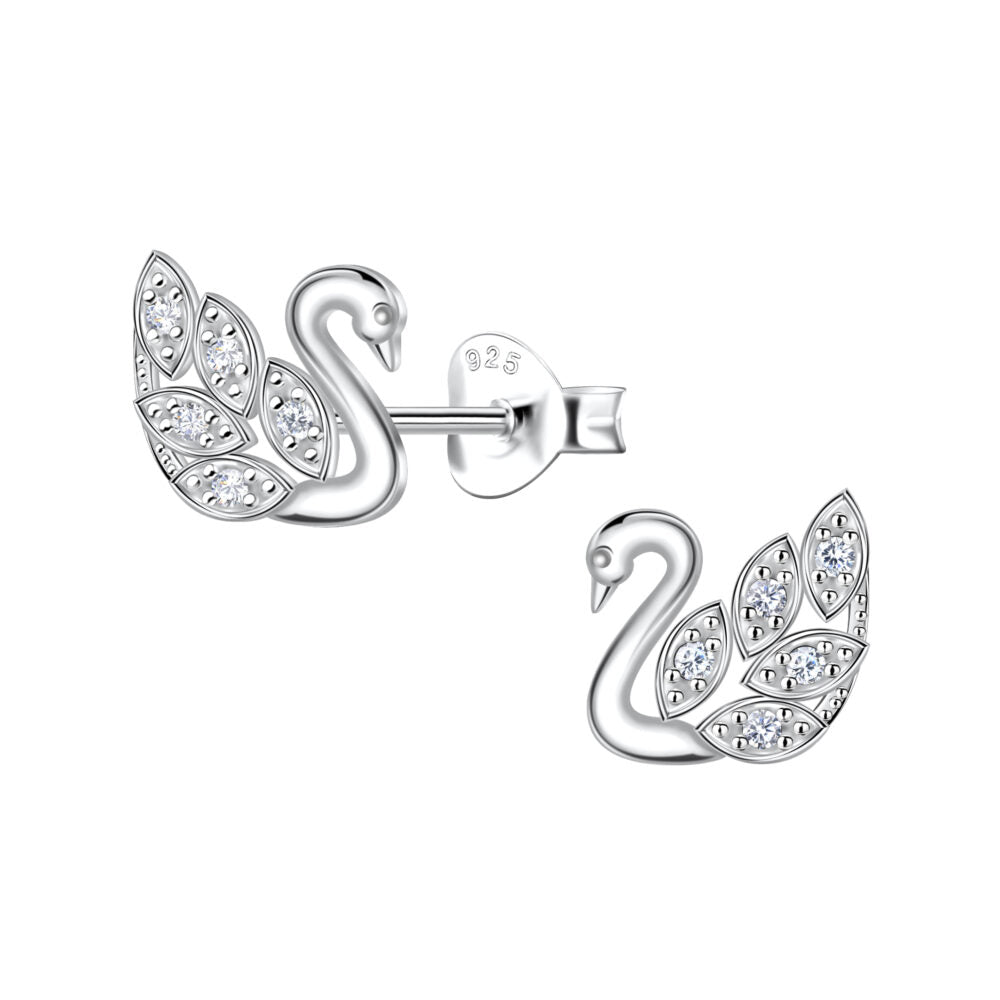 Silver Swan Stud Earrings - White - 925 Sterling Silver Women's Jewelry