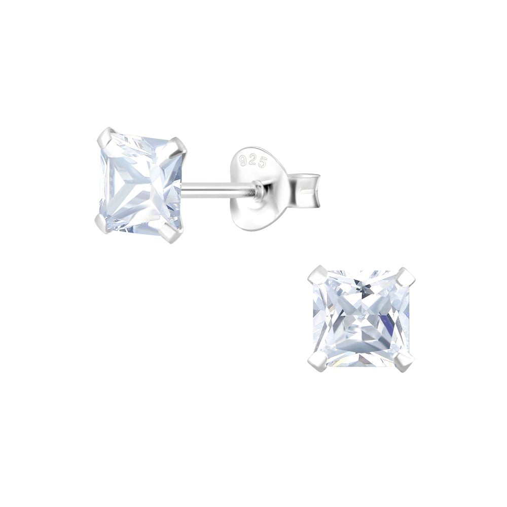 5mm Square Cubic Zirconia Silver Stud Earrings - White