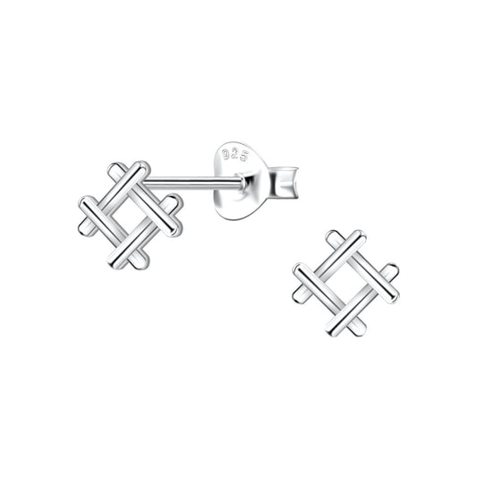 Silver Cross Hatch Square Stud Earrings - 925 Sterling Silver Women's Jewelry