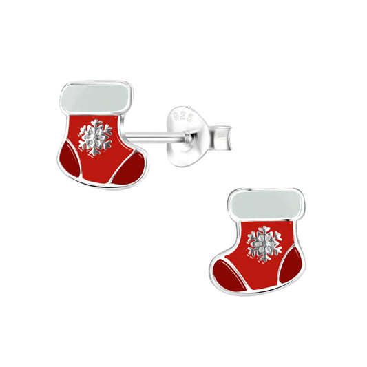 Red Christmas Stocking Stud Earrings - 925 Sterling Silver Women's Jewelry