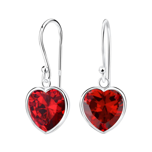 10mm Heart Cubic Ziconia Silver Earrings - Garnet - 925 Sterling Silver Women's Jewelry