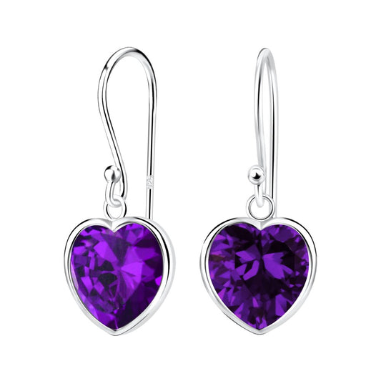 10mm Heart Cubic Ziconia Silver Earrings - Amethyst - 925 Sterling Silver Women's Jewelry