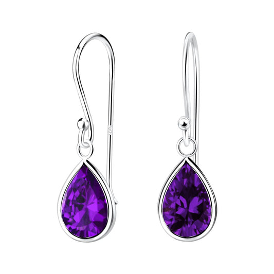 7x10mm Pear Cubic Ziconia Silver Earrings - Amethyst - 925 Sterling Silver Women's Jewelry