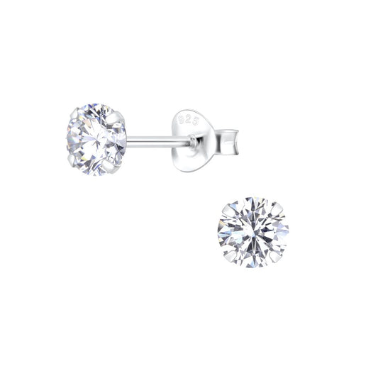 5mm Round Cubic Zirconia Silver Stud Earrings - White - 925 Sterling Silver