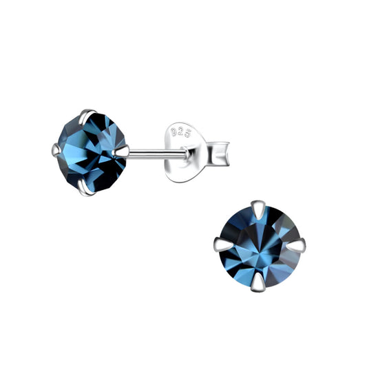 6mm Round Crystal Silver Stud Earrings - Montana - 925 Sterling Silver Women's Jewelry