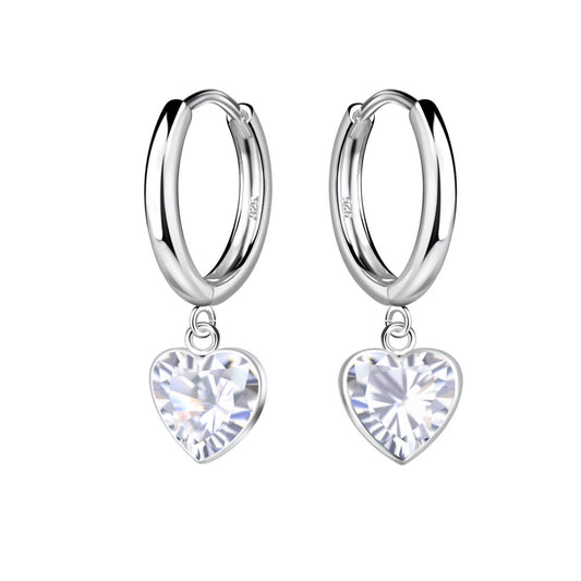 6mm Heart Cubic Zirconia Silver Huggie Earrings - White - 925 Sterling Silver